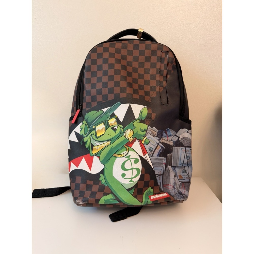 Sprayground Checkered Money Graphic Backpack Black/Brown/Multicolor Zip Pockets